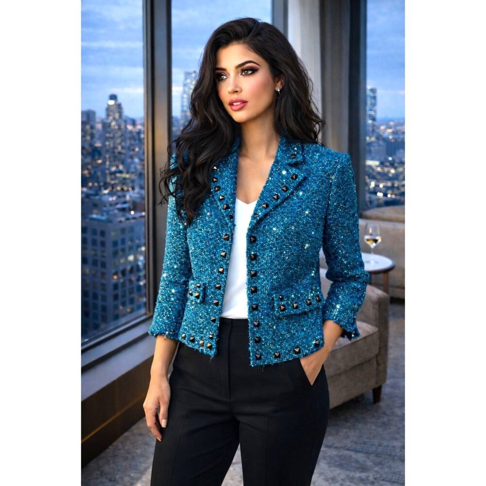 Alberto Makali Size 12 Teal Blue Boucle Studded Cropped Tweed Fringe Blazer Chic